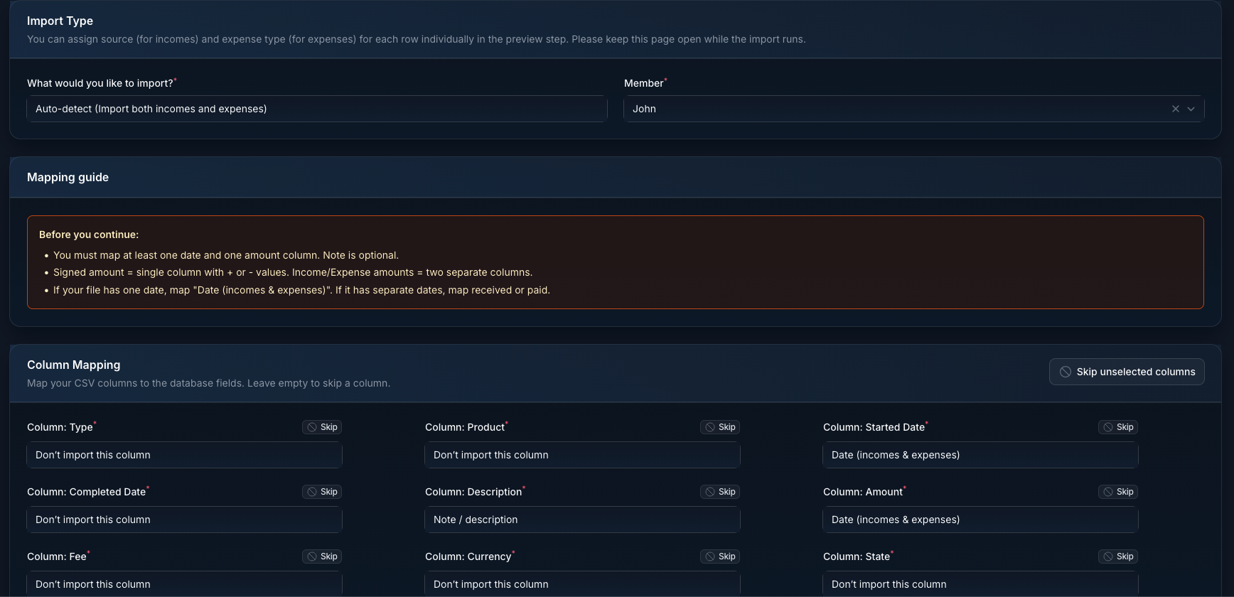 Bank import workflow with status and mapping