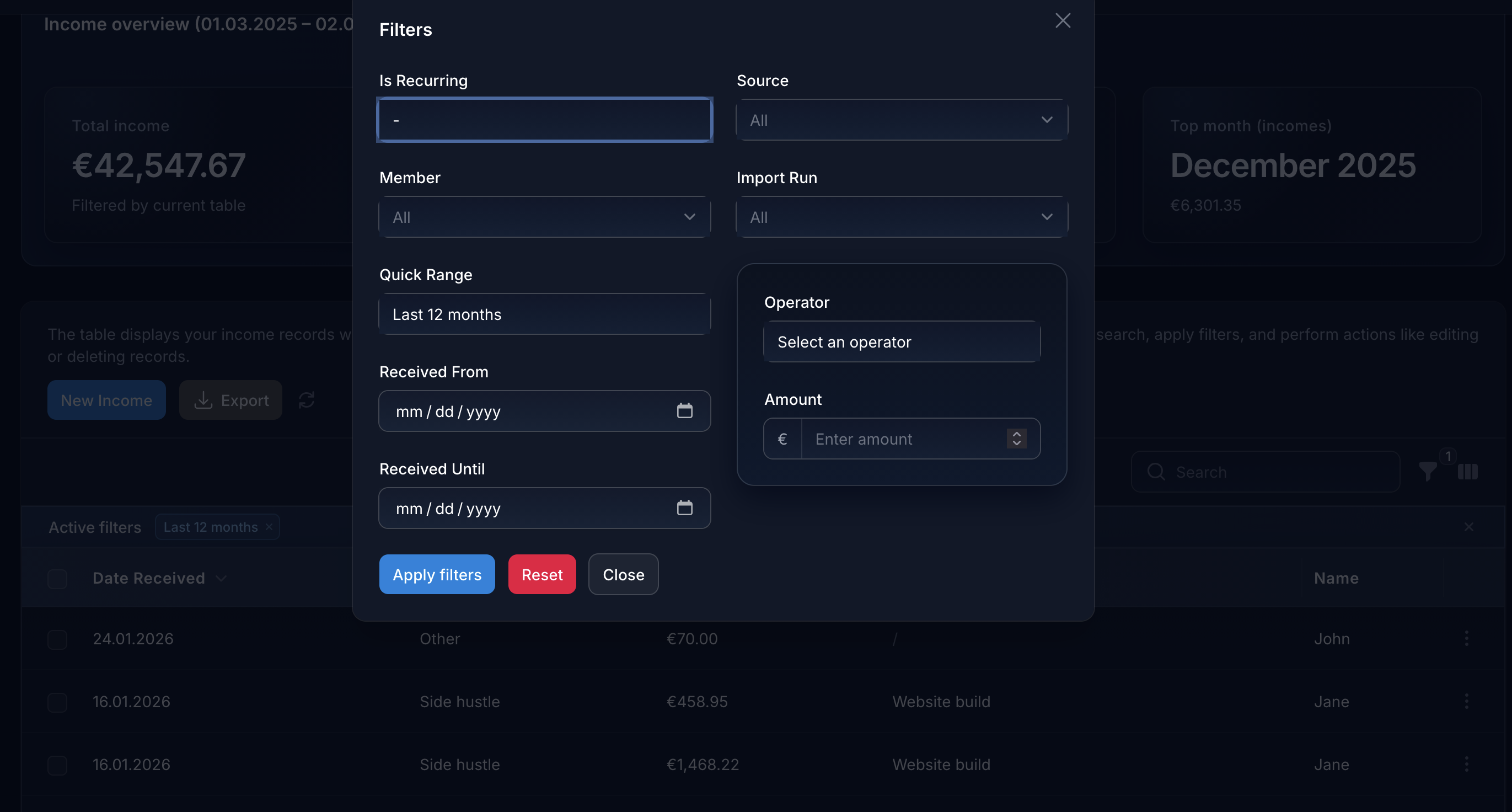 Income sources list with filters